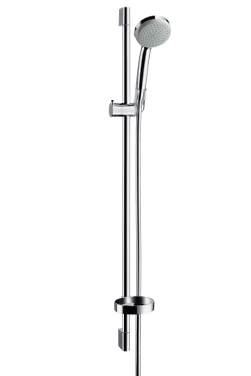Hansgrohe Brauseset mit einer verchromten Brausestange, Halterung und Brausekopf, sowie einer integrierten Seifenschale, an einer Wand montiert.